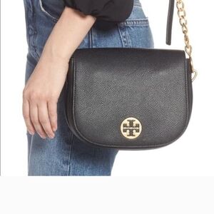 Tory Burch | One Size | Everly Black Pebbled Leather Flap Saddle Bag